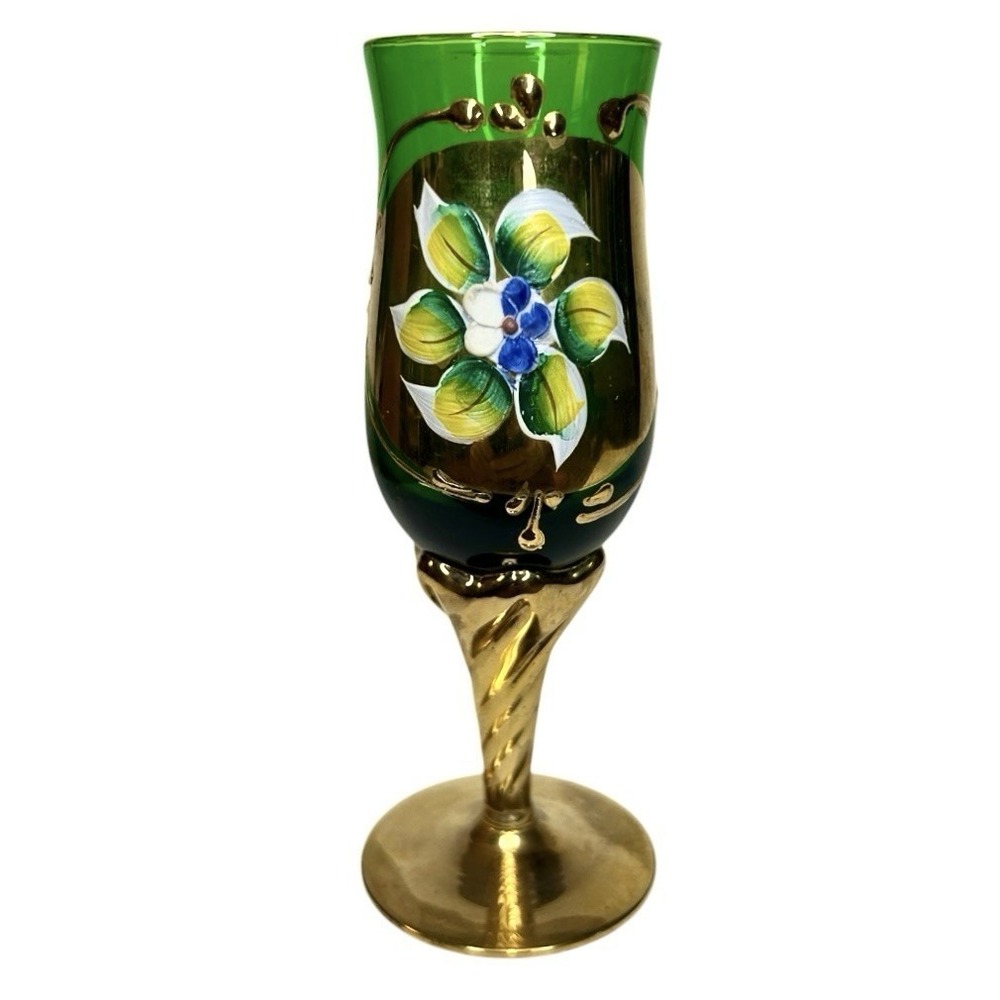 Vintage Green Tre Fuochi Murano Cordial Glass 2 oz Gold Gilt Twist Stem Floral